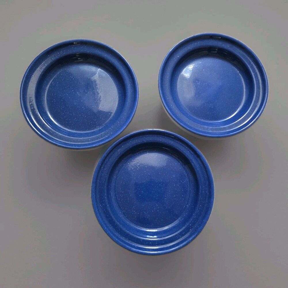 3x Blue Speckled Enamelware Deep Plate Dish 10.75" Camping Picnic Retro Classic